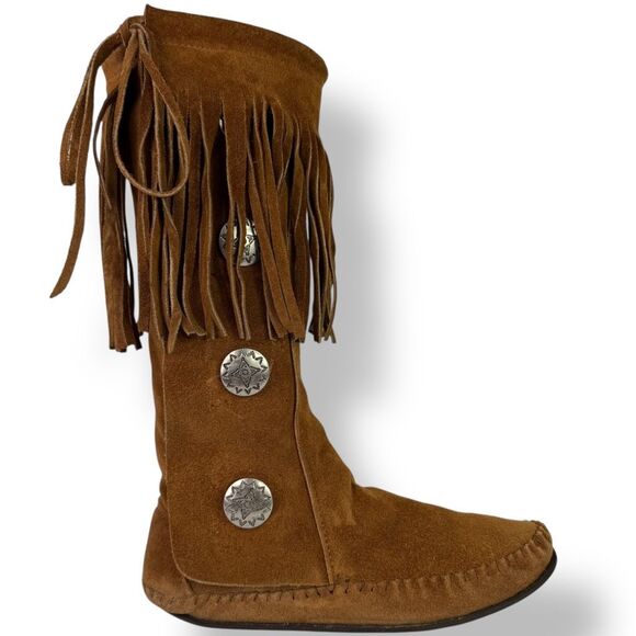 Taos Vintage 70s Tall Moccasins Boots Brown Tan Suede Fringe Conchos Women’s 8 - Picture 3 of 11